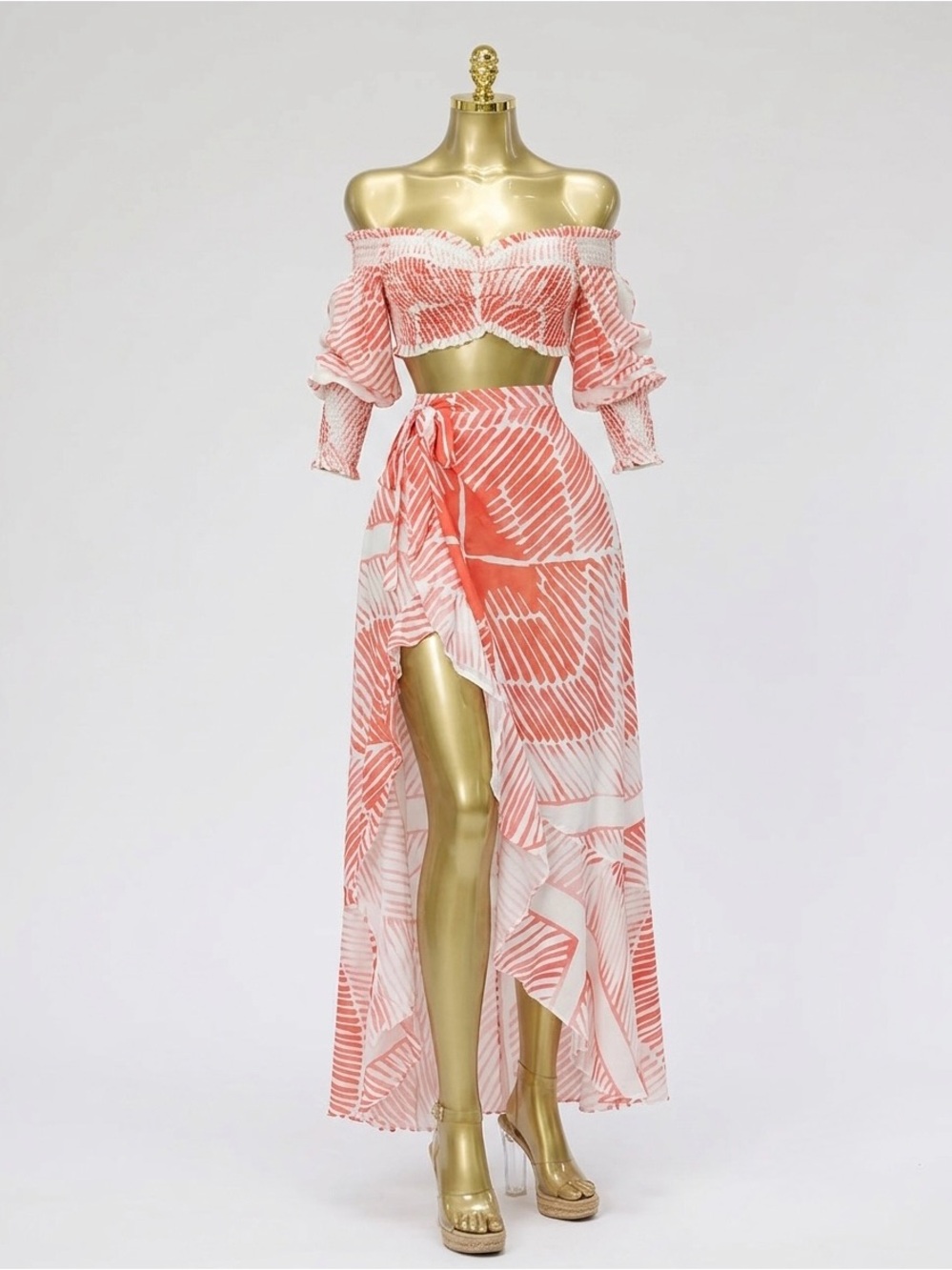 Coral Pink Off-Shoulder Two-Piece Set with High-Slit Skirt